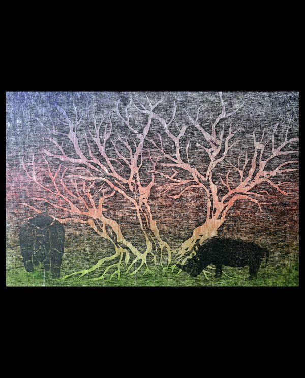 bosco sacro con rinoceronti Michiel Blumenthal arte quadro primitivo e contemporaneo carmen moreno spoleto galleria